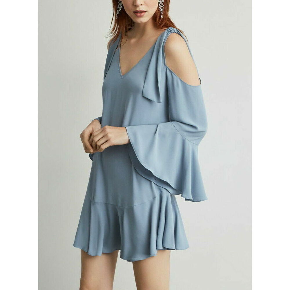 BCBGMAXAZRIA WOMEN'S ELLYSON COLD-SHOULDER A-LINE DRESS SIZE XS $300 IN BLUE